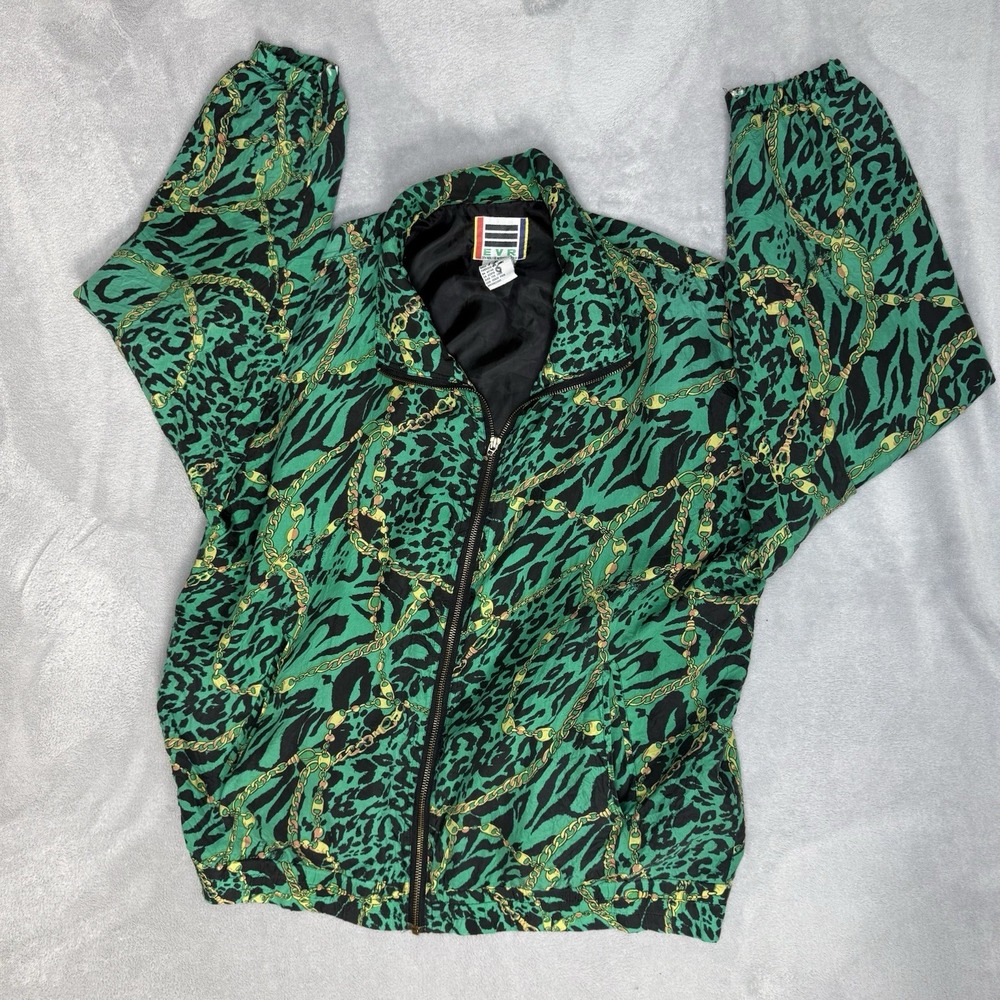 Vintage 90s EVR Silk Bomber Jacket Womens L Green Leopard Gold Chain Baroque